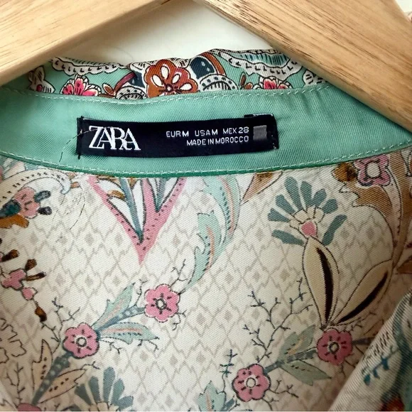 Zara Satin Foulard Paisley Maxi Dress Medium Shirt Dress Floral Belted